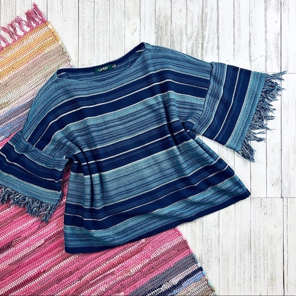 Lauren RL Striped Serape Fringed Short Sleeve Sweater - Picture 6 of 14